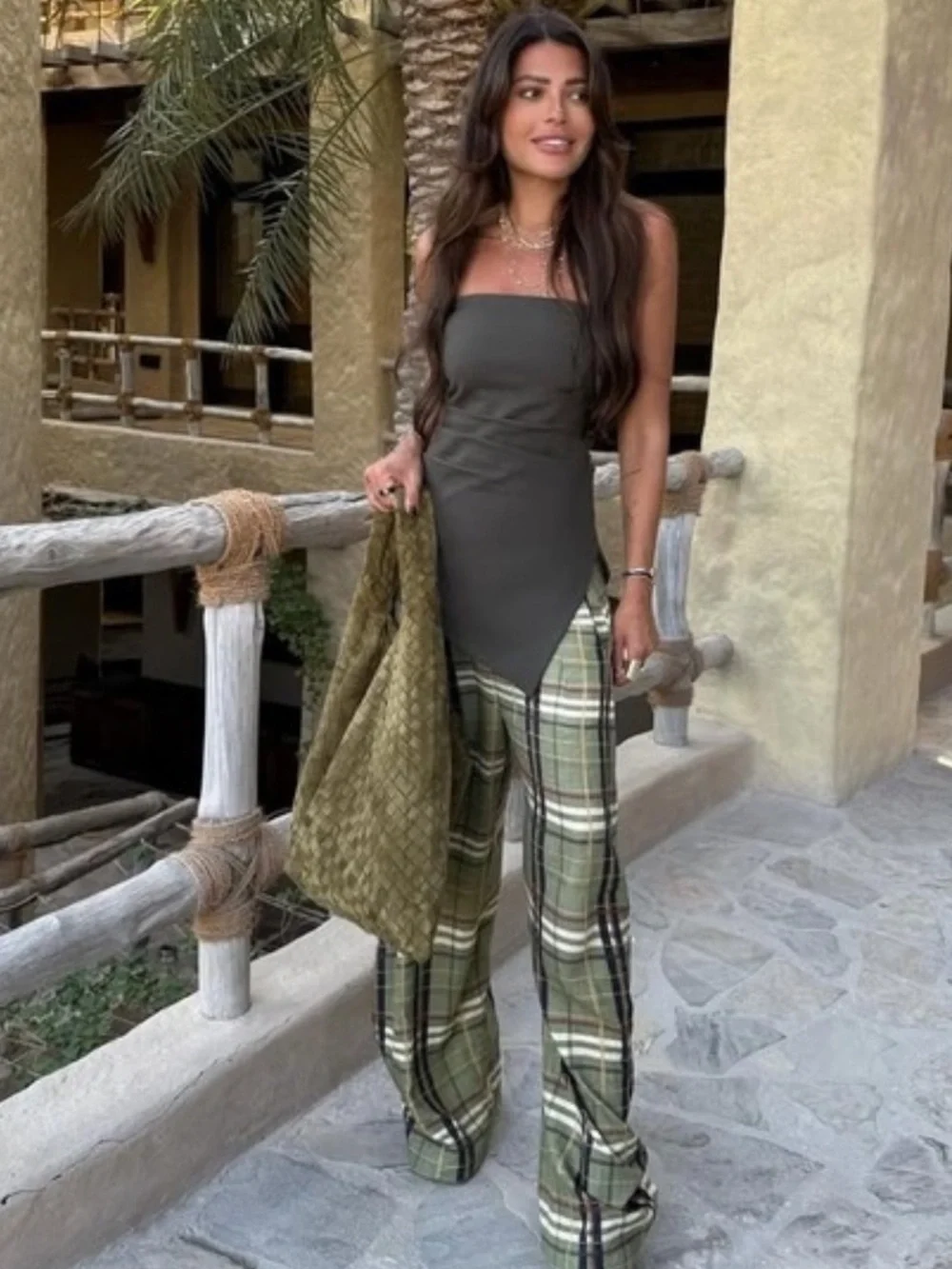 Zara NWT ZW Collection linen blend checkered plaid pants 8371/029 - Picture 2 of 12